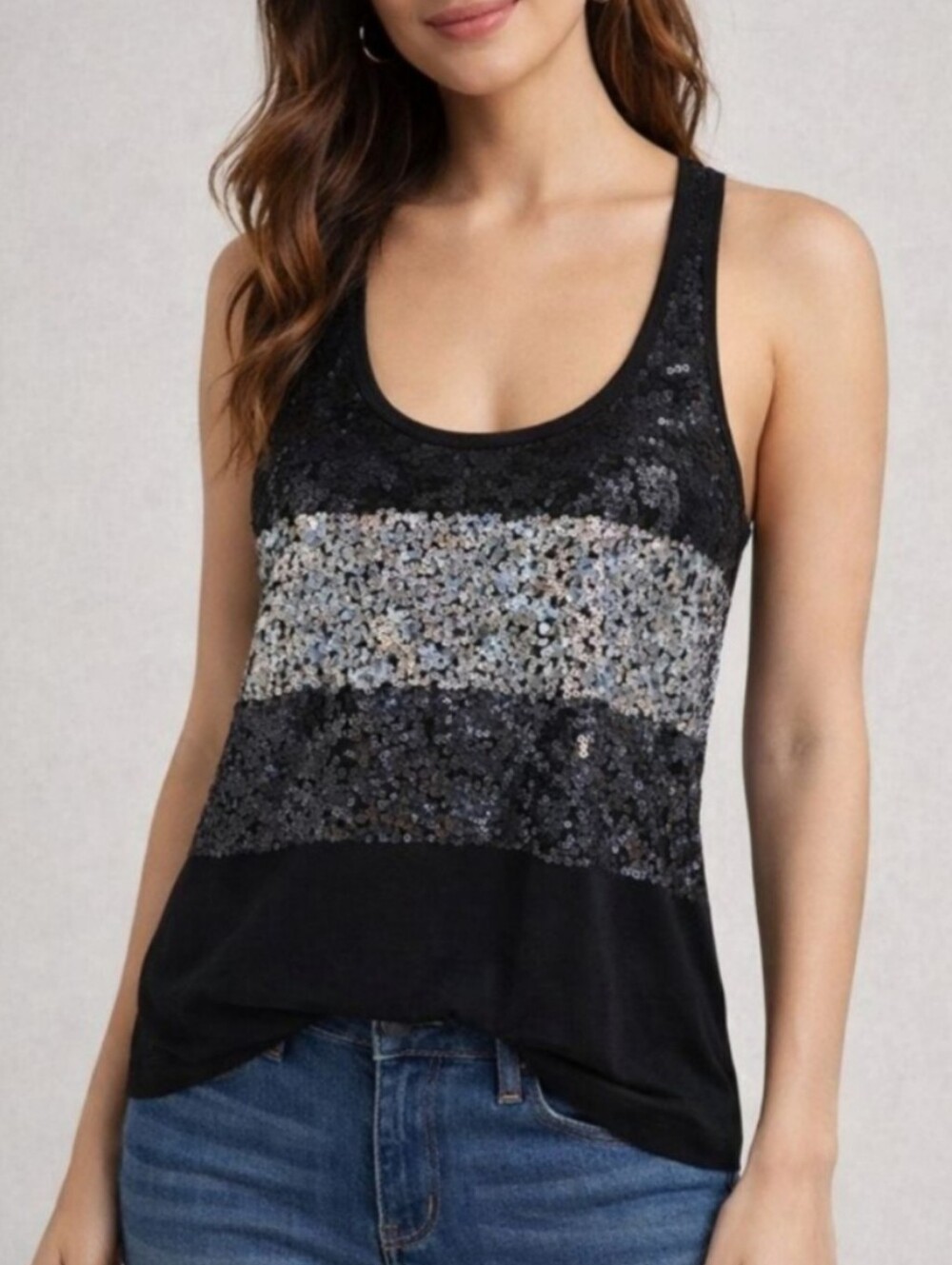 Express Silver & Gunmetal Sequin Black Racerback Tank Top Like New, Size S